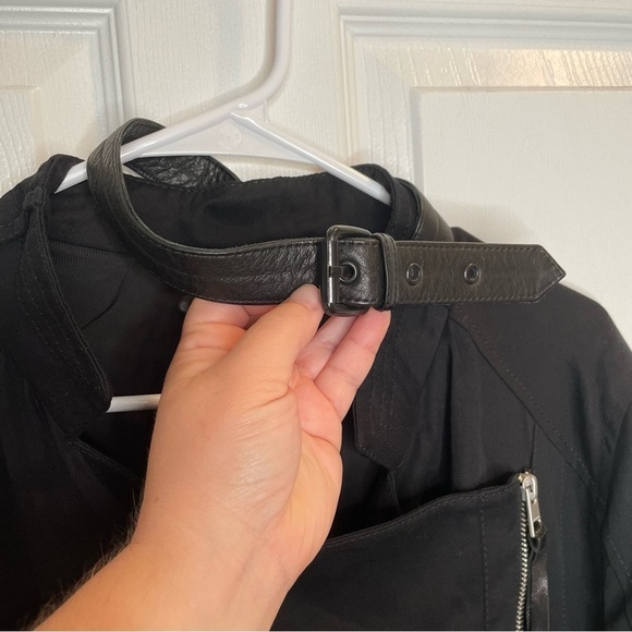 All Saints Wren Biker Coat Black with Leather Buckle Detail Leather Trim 10 - Picture 6 of 13